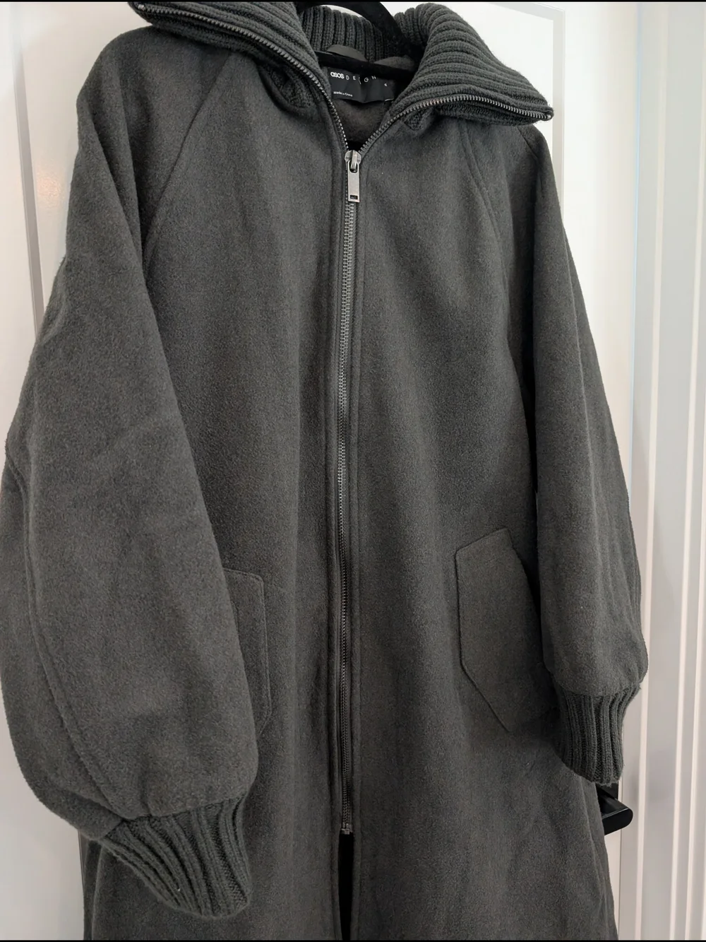 ASOS DESIGN knit collar longline coat in charcoal MEDIUM